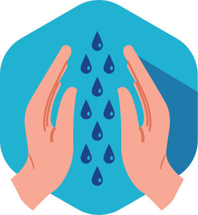 Hands with water droplets in between in a blue hexagon shape.