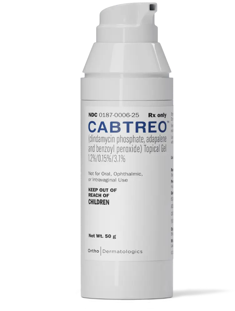 Product shot of CABTREO
(clindamycin phosphate, adapalene and benzoyl peroxide) Topical Gel 1.2%/0.15%/3.1%
